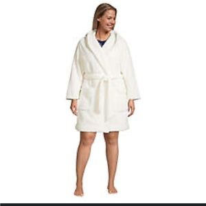 Lands’ End Sherpa Fleece Hooded Mid-Length Cream Robe XL / 18